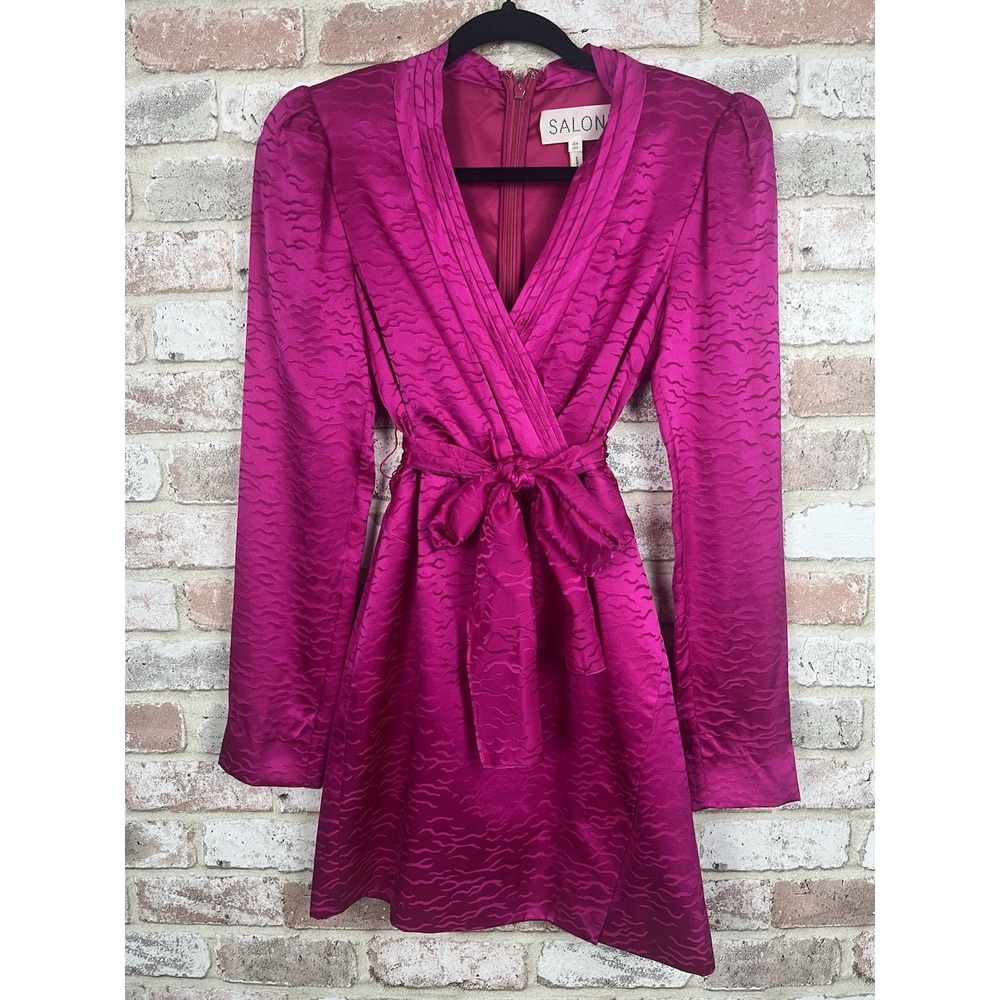 Saloni Bibi Mini Dress Vivid Magenta Silk Long-Sleeve Sz 0